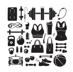 fitness icon set. workout or exercise equipment icons. Solid icons vector collection.