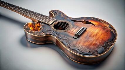 Fototapeta premium A burnt guitar with melted and carbonized surface, burnt, guitar, instrument, music, damage, destruction, fire, heat, charred