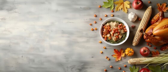 Thanksgiving feast with roasted turkey, fresh corns, autumn leaves, and a bowl of salad on a rustic table. Copy space on the left.