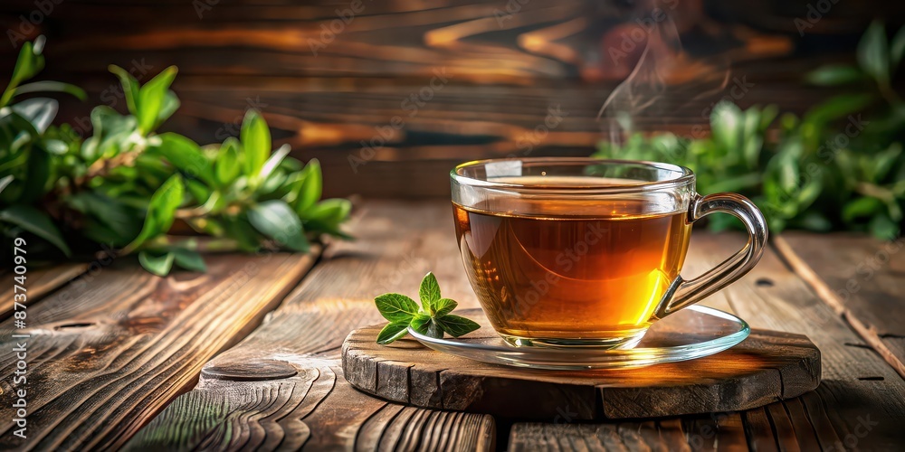 Sticker Freshly brewed tea in a clear glass mug on a rustic wooden desk , tea, beverage, drink, refreshment, hot, aromatic, caffeine