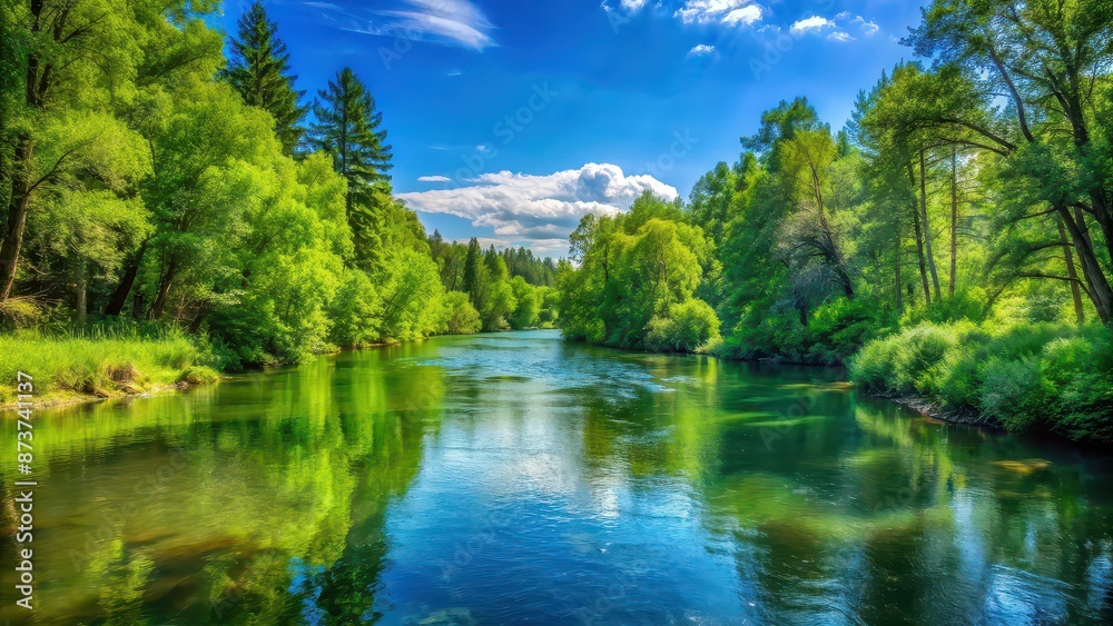 Poster of a serene forest background with lush green trees, a flowing river, and a clear blue sky , nature, landscape, background, trees