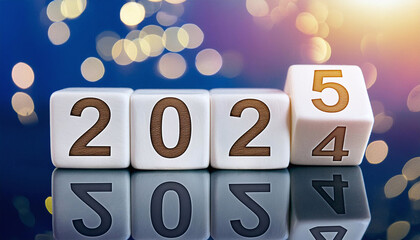 four white blocks displaying "2024," with the last block flipping to "2025" in red. The background features a soft, golden bokeh effect, creating a festive and celebratory atmosphere.