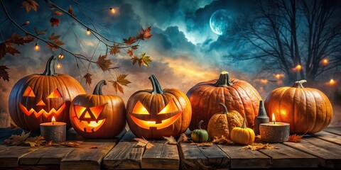 Fototapeta premium Spooky Halloween decorations and pumpkins, spooky, Halloween, decorations, pumpkins, autumn, fall, celebration, party