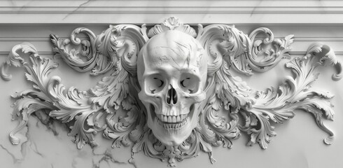 Fototapeta premium Ornate Skull Relief Carving With Floral Accents in Black and White