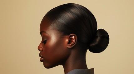 A person with a sleek and polished chignon, featuring smooth and neatly pinned hair at the nape of the neck