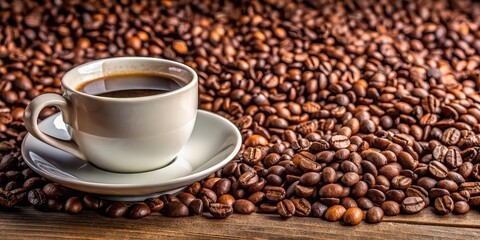 Naklejka premium Close-up of coffee beans with a white coffee cup , caffeine, morning, beverage, roasted, aroma, espresso, mocha, latte, cafe