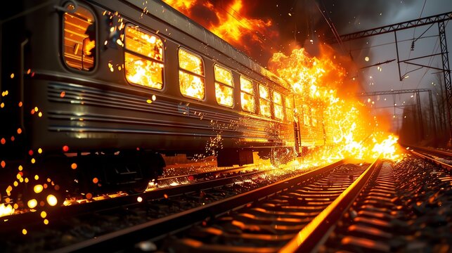 A train car ablaze on the tracks, with flames shooting out from the windows, passengers being helped to safety by emergency responders, and firefighters tackling the intense heat
