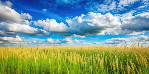 Obraz premium Field of tall grass with blue sky and clouds , nature, landscape, serene, peaceful, tranquil, scenic, meadow