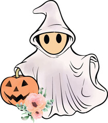 Watercolor Halloween vector illustration, Halloween Ghost vector graphics. cactus