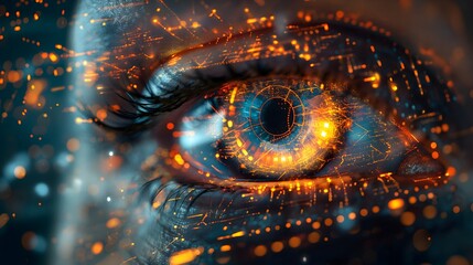 A close up of an eye with a glowing orange circle in the center. The eye is surrounded by a blurry, glowing cityscape. AI generated.