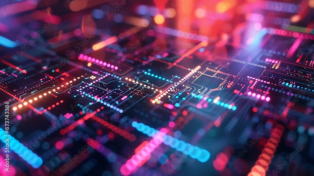 Wall mural circuit board illuminates with data streams and technology signals