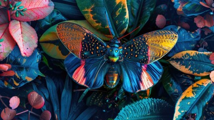 Captivating Macro Photograph of Vibrant Exotic Butterfly Amid Lush Tropical Foliage