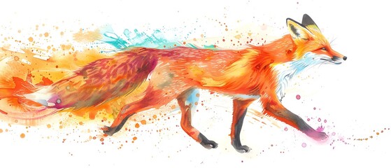 Naklejka premium Vibrant nature hand drawn fox, minimalist watercolor art style