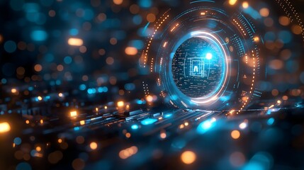 A computer generated image of a city with a glowing blue circle in the middle. The circle is surrounded by a lot of lights and it looks like a tunnel.