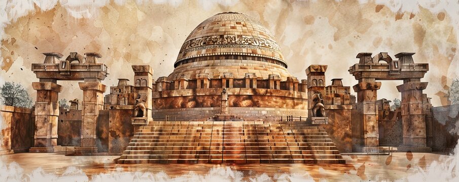 Tranquility at Sanchi Stupa: Ancient Buddhist Site with Symmetrical Dome and Ornate Gateways in Earthy Watercolor Tones