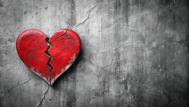 Abstract painting of a cracked heart on a textured grey background, symbolizing heartbreak or lost love