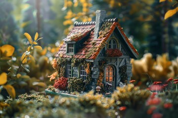 Captivating small fairy house nestled amongst lush garden foliage, bathed in whimsical sunlight