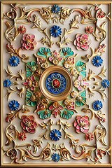 Baroque Classical Abstract Marble Framed Ceiling Art with Ornate Border. Luxury Lavish Decor Victorian Elements with Seamless Pattern Background Texture