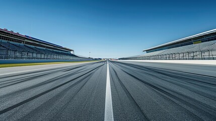 Perfect Symmetry: Empty NASCAR Racetrack Grandstands on Clear Day with Starting Line in Focus - High-Resolution Image