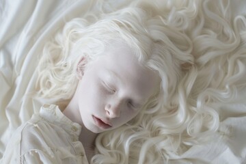 Albino person with platinum hair lying down, surrounded by flowing hair