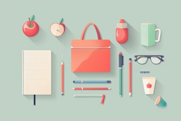 Flat lay of school supplies with red bag and various items