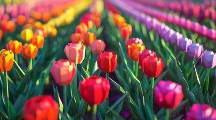 Obraz premium Vibrant tulip fields in full bloom with rows of colorful flowers creating a mesmerizing and picturesque floral landscape during spring.