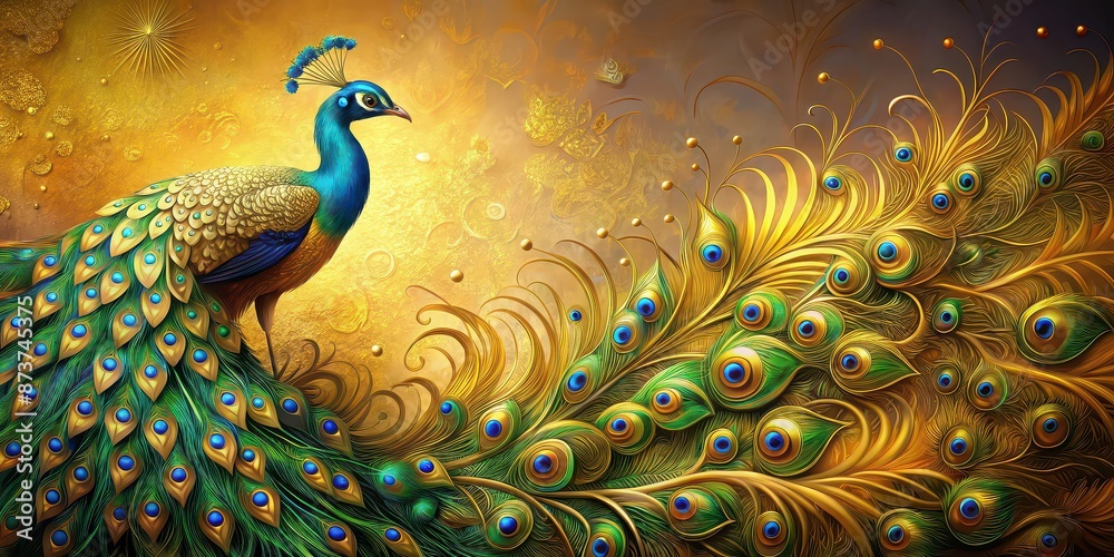 Poster Elegant peacock artwork with vibrant colors and detailed feathers on a golden background, peacock, artwork, vibrant