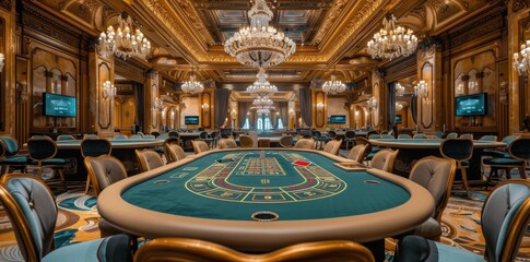 Obraz premium Luxurious Casino Interior With Elaborate Chandeliers and Gaming Tables