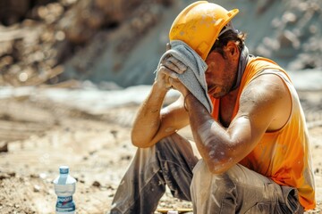 Concept o heat stroke, a construction worker sits and a hand holding a small towel to wipe his forehead , Generative AI