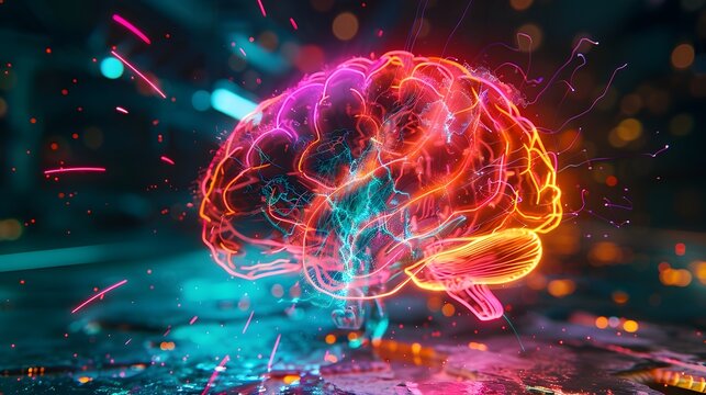 Neon brain structure, Concept art of a human brain exploding with knowledge and creativity.