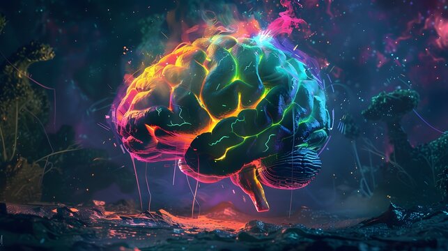 Neon brain structure, Concept art of a human brain exploding with knowledge and creativity.