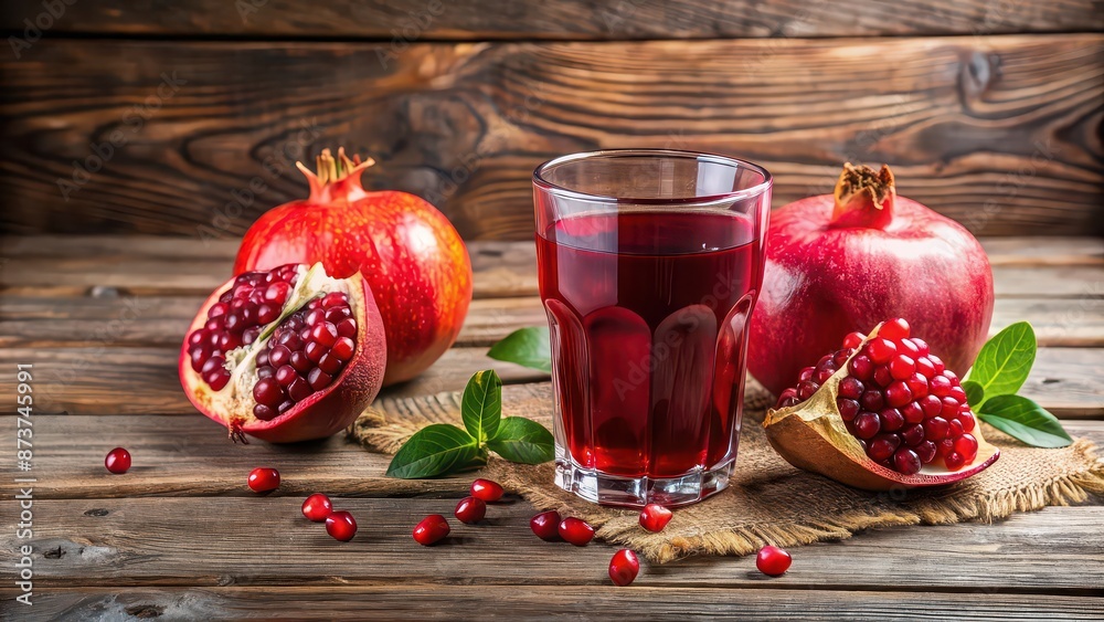 Sticker Freshly squeezed pomegranate juice and ripe pomegranate fruit placed on a wooden table , healthy, organic, antioxidant