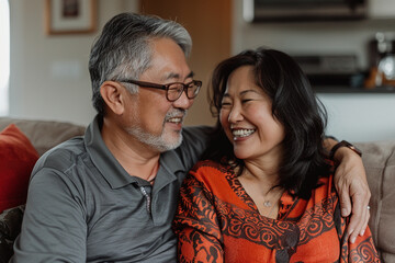 Fototapeta premium An older couple sitting on a couch, smiling and looking at each other lovingly in a cozy home setting, expressing warmth and affection.