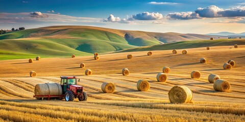 Rolling hills with neatly stacked hay bales, farmer on tractor in distance, country, agriculture, farm, rural, landscape