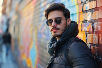 Fototapeta premium A stylish young man wearing sunglasses and a black jacket, leaning against a colorful graffiti wall in an urban setting with a cool demeanor.