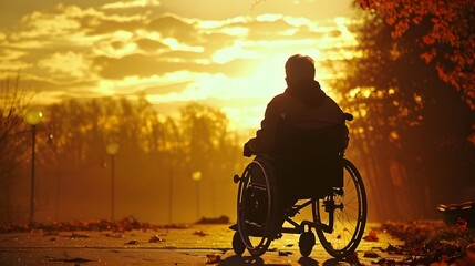 Obraz premium Silhouetted Disabled Person Contemplating in Nature s Embrace at Sunset