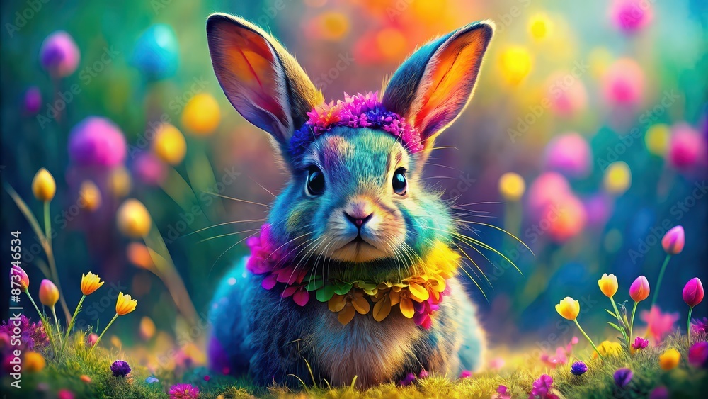 Poster Vibrant colored bunny in a whimsical style, bunny, vibrant, colorful,cute, character, design, artistic, fun, playful, cartoon