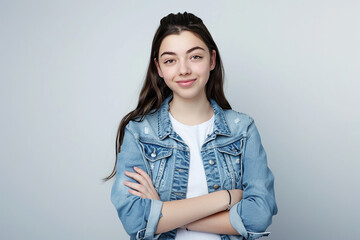 Obraz premium A young woman in a denim jacket standing with her arms crossed and smiling confidently against a plain background.
