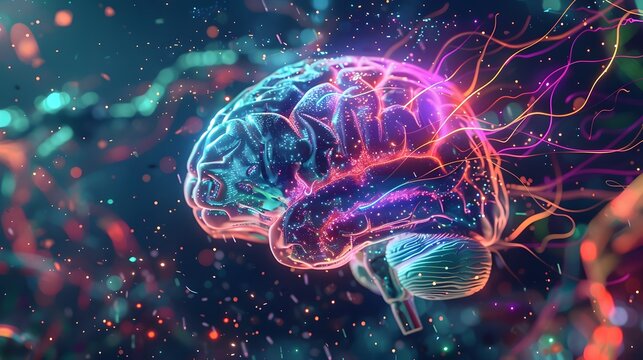 Neon brain structure, Concept art of a human brain exploding with knowledge and creativity.
