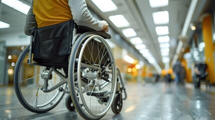 Obraz premium Disabled Man in Wheelchair in Empty Medical Facility Corridor