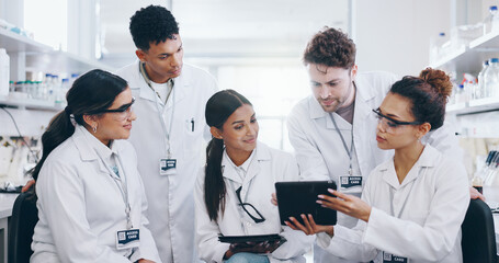 Tablet, science and group of people for learning, cancer cure or medical development in laboratory....