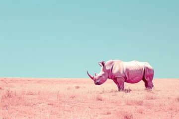 Obraz premium Rhinoceros grazing in pastel-toned dry grassland with clear sky
