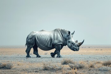 Fototapeta premium Profile of a rhino walking across an arid plain under a clear sky