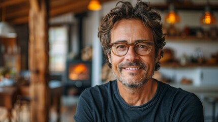 Fototapeta premium Portrait of a handsome middle-aged man with glasses in a cozy kitchen.