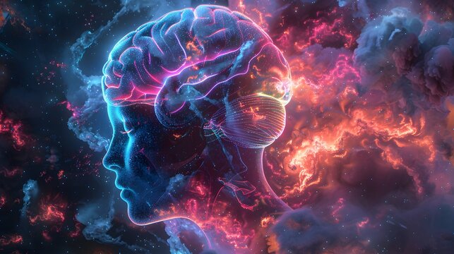 Neon brain structure, Concept art of a human brain exploding with knowledge and creativity.