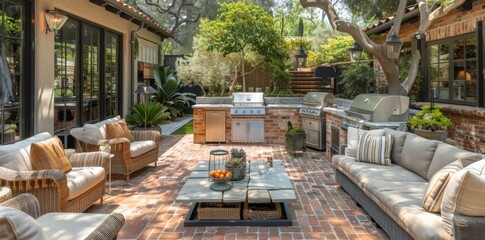 Naklejka premium Patio With Wicker Furniture and Grill, Outdoor Kitchen Area, Brick Wall, Lush Greenery, Sunny Day