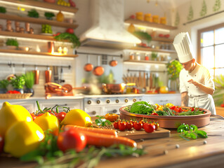 Eine lebendige Küche.  Auf einer großen Holzarbeitsplatte sieht man frische und farbenfrohe Zutaten