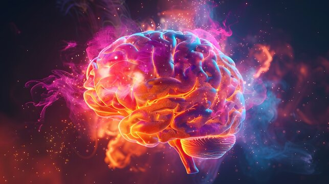 Neon brain structure, Concept art of a human brain exploding with knowledge and creativity.
