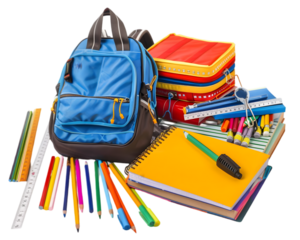 Back to school. School supplies and backpacks neatly arranged on a white background