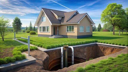 House with underground septic tank and clipped ground, septic tank, underground, house, home, foundation, buried